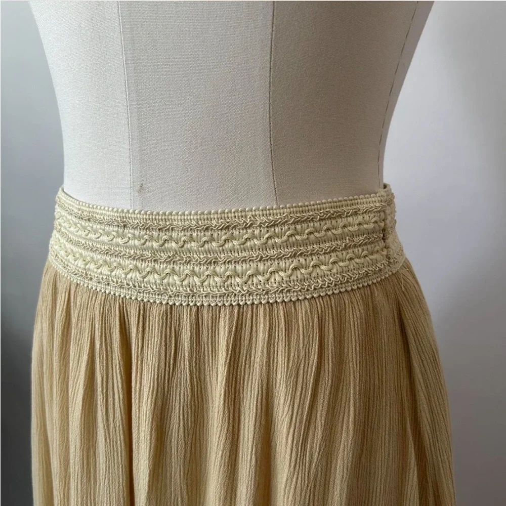 Vintage Active Boho Crinkled Maxi Skirt Crochet Knit Waistband Beige Tan Large - Picture 4 of 10